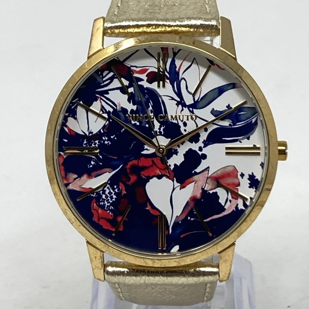 Vince Camuto Women's Watch 40mm Floral Dial Gold Tone Leather New Battery 8.25